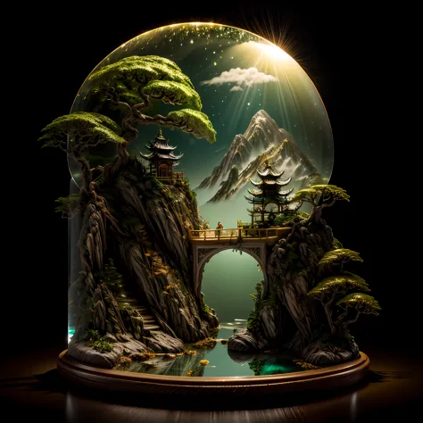 Photorealistic,a 3D render,Realistis,Miniature,Bonsai in a box，Palace on the moon，
Golden,Golden decoration,Circular ring LED fl...