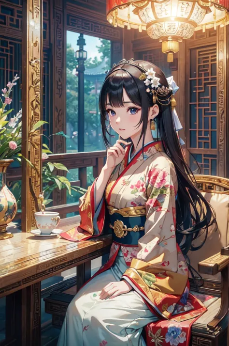 A girl wearing a yellow kimono sitting in a palace, with a Hanfu-inspired girl, in a realistic anime 3D style, reminiscent of Gu...