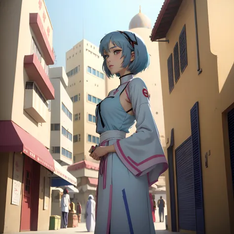 Rei Ayanami from Evangelion wearing arabian clothes. Daylight, colorful buildings. Blue hair. Bright Red eyes color. Buying frui...