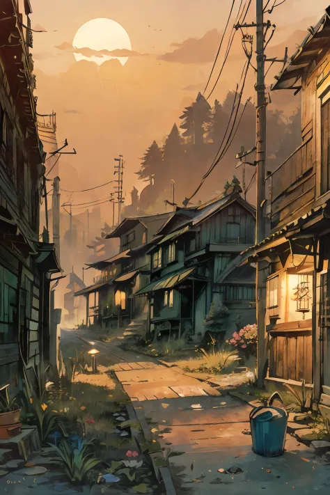 masutepiece, Super Detail, Dirty and retro narrow back streets、busy、Plank wall、slope、old wooden building、Has a small、utility pole、flower pots、a trash can、signboard、Huge tower、the setting sun