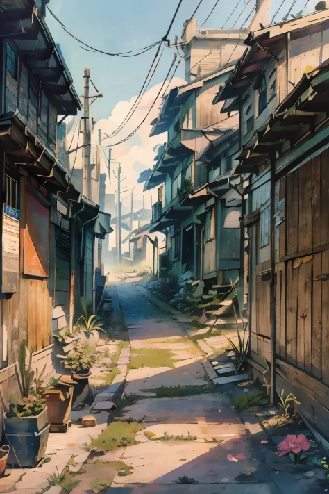masutepiece, Super Detail, Dirty and retro narrow back streets、busy、Plank wall、slope、old wooden building、Has a small、utility pole、flower pots、a trash can、signboard、Lots of pieces of paper from a small airplane