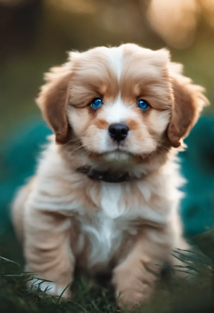 Generate an icon-style image of a cute forward-facing dog with blue and brown eyes