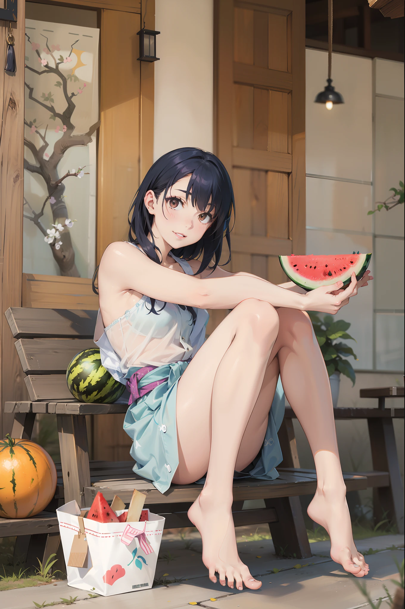 Alafed woman sitting on wooden bench with watermelon slices, Young Pretty Gravure Idol, Young skinny gravure idol, Young Sensual Gravure Idol, Realistic Young Gravure Idol, Young Gravure Idol, Japanese Models, Chiho, material is!!! Watermelon!!!, aya takano color style, Yoshitomo Nara