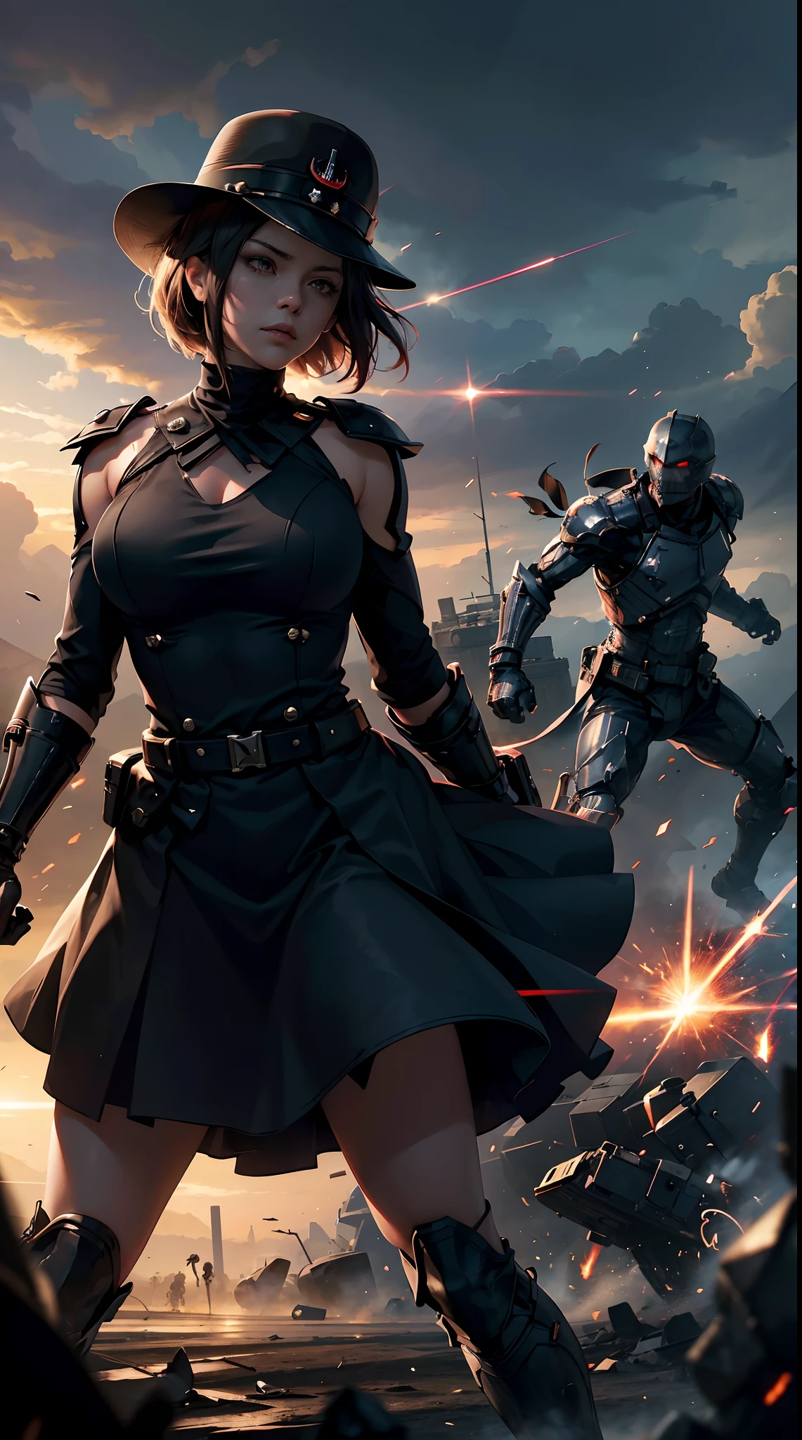 Woman short hair  jump punch panzer, epic visual, battle, general black suit ww2, general ww2 black hats, punch panzer, epic punch, crash panzer, tanks and soldiers in the background,red blood element,hd light and dark, balance rendering, HD lighting and dark )<=(epic image quality)dark atmosphere with bright particle light(many effects in background)