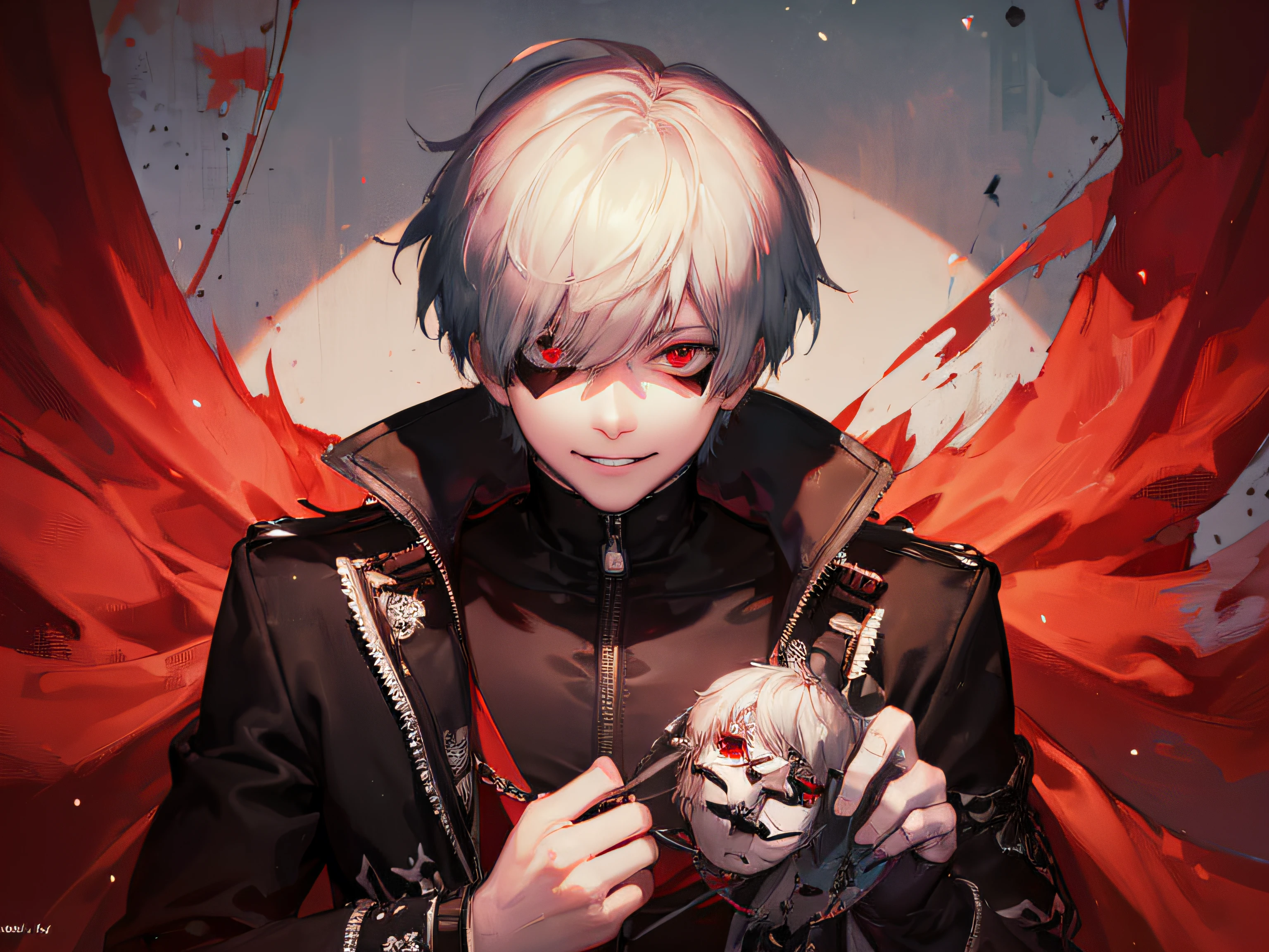 kaneki_ken from tokyo ghoul anime,tokyo ghoul mask,smirk,(masterpiece,best quality,hd,detailed,detailed face,detailed eyes),tokyo background,smirk,kawacy