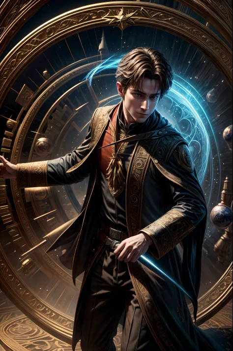 (best quality,4k,highres,masterpiece:1.2), ultra-detailed, realistic:1.37, young male wizard, AK47 emerging from magic circle, c...