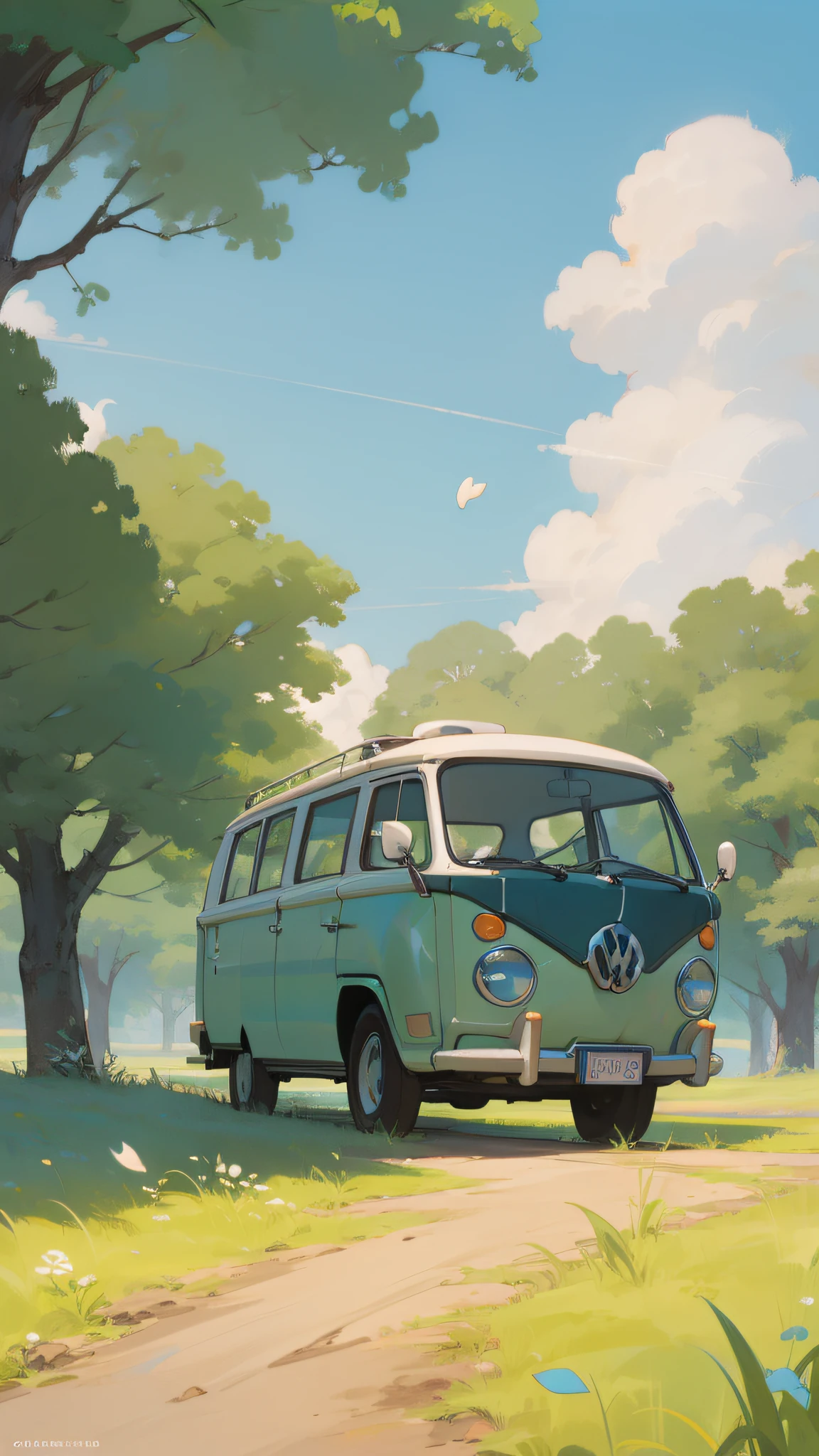 (((best quality)))), Realistic, authentic, beautiful and amazing landscape with a Volkswagen Kombi on the road oil painting Studio Ghibli Hayao Miyazaki pasture petals with blue sky and white clouds --v6