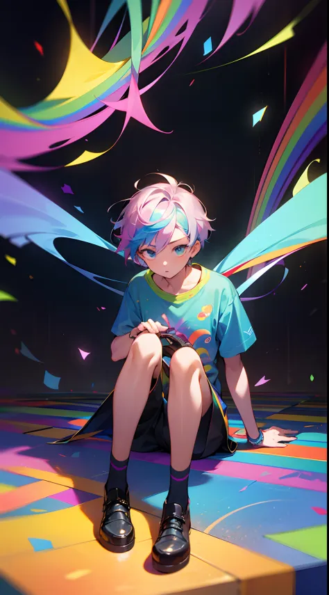 1boy，shoun，Sit on your knees，expression of surprise，eye glass，Colorful colorful，Irridescent color，Detailed CG，detail-rich，Master...