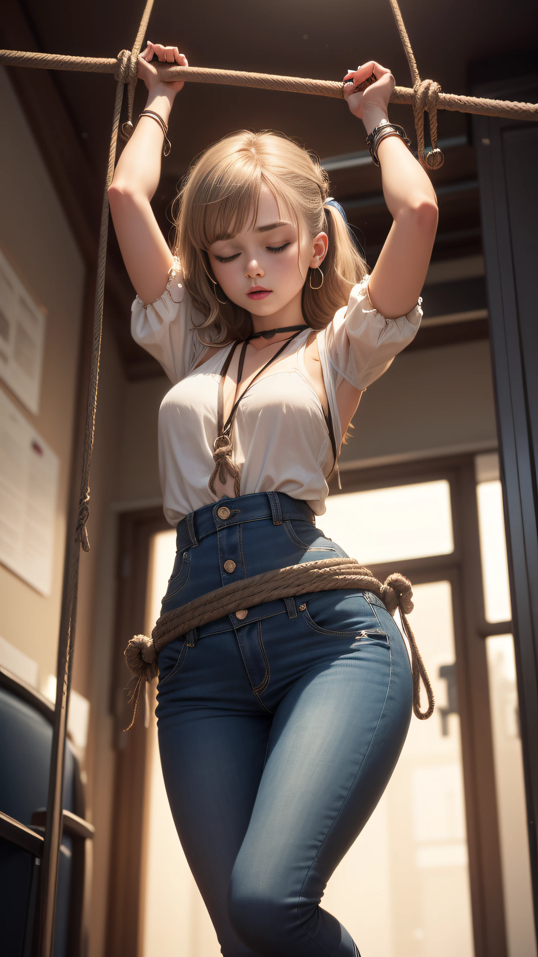 A woman in a white shirt and blue jeans is hanging on a rope - SeaArt AI