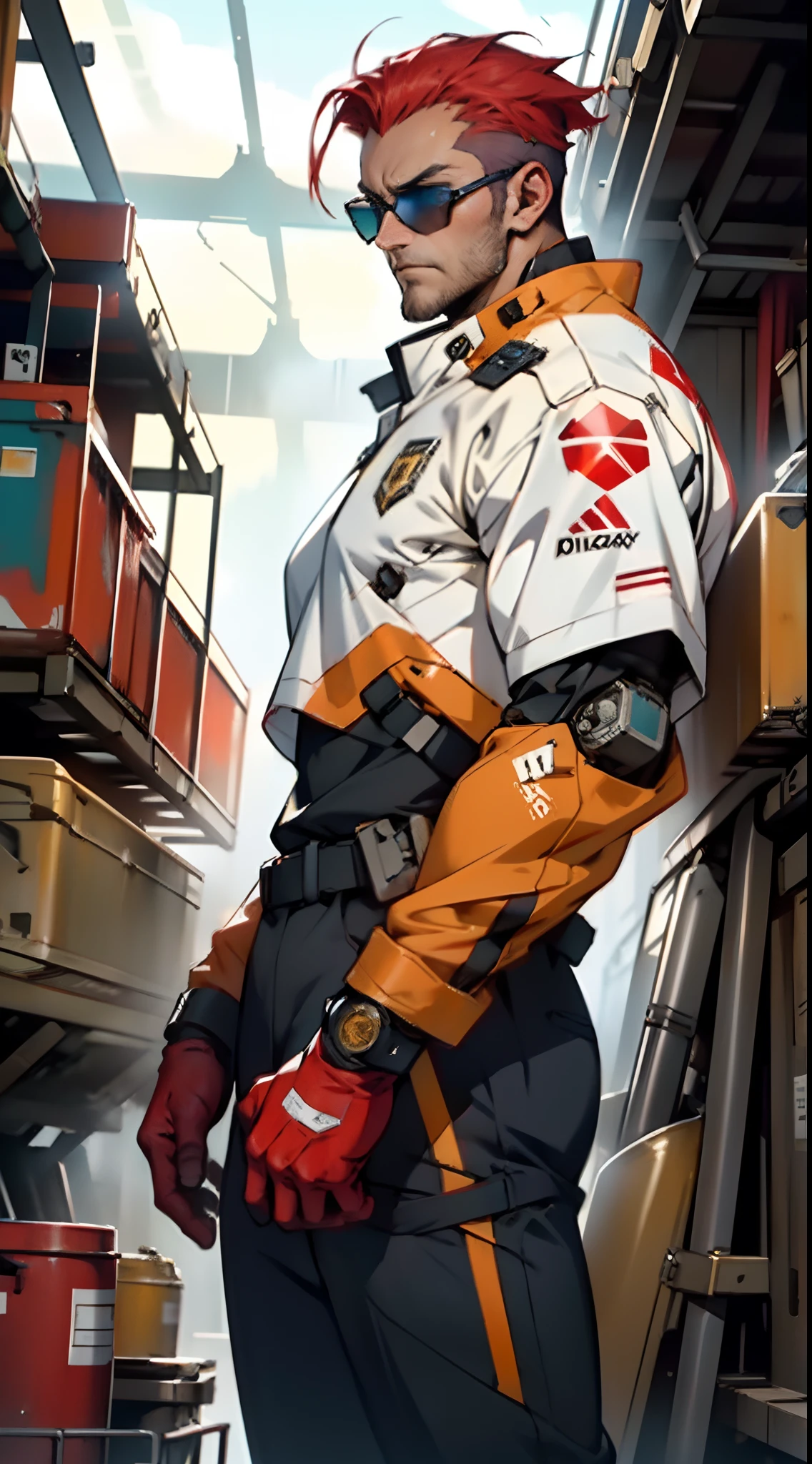 A man with short red-gold hair, hair slicked back, thick and disheveled hair, a cold and ruthless gaze, a confident expression, wears a two-piece futuristic military-style uniform, primarily in shades of white and red, accented by touches of yellow, streamlined wristguard gloves, matching trousers, he stands in a futuristic sci-fi-style hangar housing a colossal mech, stands within a futuristic sci-fi hangar, where a colossal mech is stationed, this character embodies a finely crafted futuristic military officer in anime style, characterized by an exquisite and mature manga illustration art style, high definition, best quality, highres, ultra-detailed, ultra-fine painting, extremely delicate, professional, anatomically correct, symmetrical face, extremely detailed eyes and face, high quality eyes, creativity, RAW photo, UHD, 8k, Natural light, cinematic lighting, masterpiece:1.5