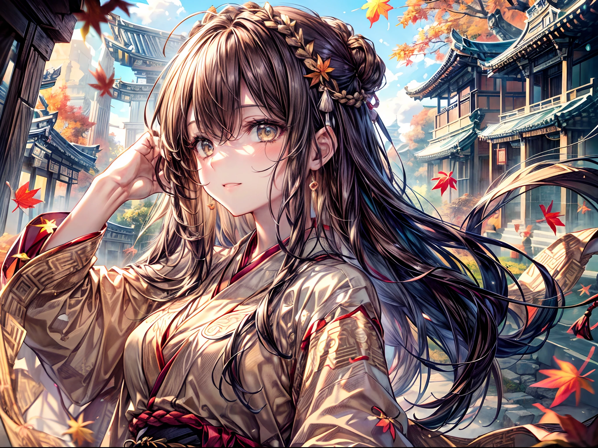 (overhead view), beautiful anime woman illustration, (masterpiece, best quality, ultra-detailed), 1girl, sharp focus, detailed face, extremely detailed eyes, face focus, long hair, dark brown hair, (light orange eyes, :1.3), ((Ancient Hanfu clothing colors: beige, white, brown, with a intricate black shawl on left side of body)), tired relieved smile, medium breasts, ((maple tree in distance, girl at bottom of steps ascending to temple ,autumn leaves surrounds)), windy, ((right hand reaching to fix hair at side of head:1.4)), soft lighting, rim lighting, dynamic angle, blur, shadowing