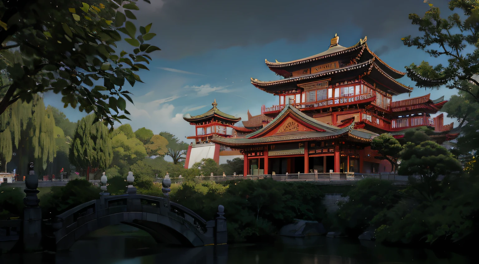 The Alawi Pagoda is in the park，There is a bridge and a bridge, Beautiful rendering of the Tang Dynasty, Ancient Chinese architecture, cyberpunk chinese ancient castle, Chinese architecture, Chinese palaces, Chinese style buildings, Tang Dynasty Palace, Chinese style, chinese temple, digital painting of a pagoda, with ancient chinese aesthetic, ancien chinese tower, With a Chinese temple，Brilliant sky，flying birds