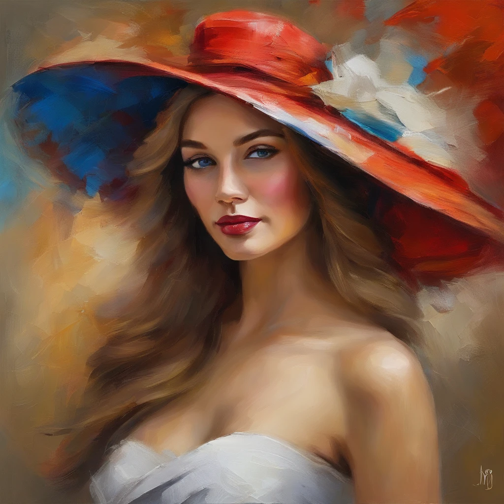 acrylic painting of a woman in a white cocktail dress, wearing a red hat, long blond hair, blue eyes, eyes looking at us, hat top within our view, hat top within the frame, medium shot, elegant digital painting, beautiful acrylic portrait painting, wlop painting style, brush strokes in textured paint, gorgeous digital painting, in style of Junyi Liu, beautiful character painting, fine art portrait painting, epic colorful background, beautiful art uhd 4 k