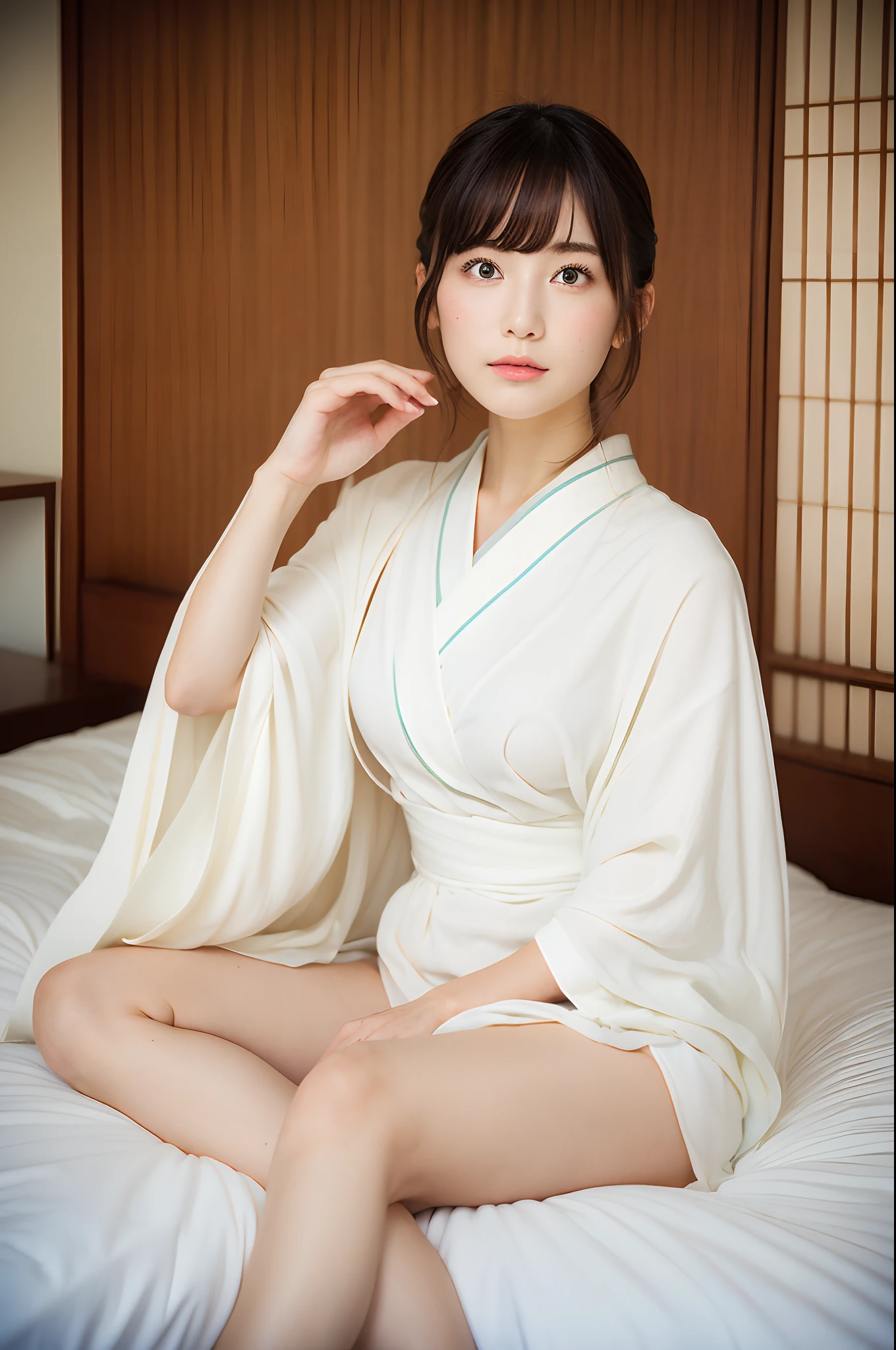 Araffe asian woman in white robe sitting on a bed - SeaArt AI