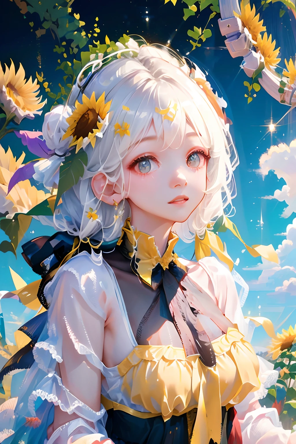 tmasterpiece， high high quality，  one-girl，White hair，Sunflowers are worn on the head， floating in sky，White slip dress，full bodyesbian， Cloud Girl， Clouds， brightly， cheerfulness， intriguing， gentlesoftlighting， （bauhause， Shape， lineworks， abstracted： 1.1）， panda ears，