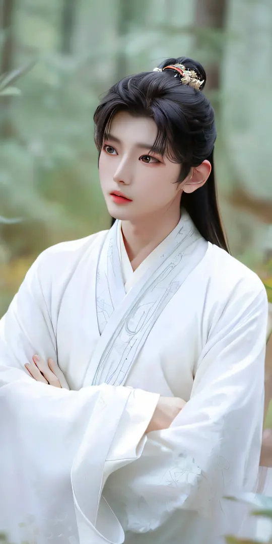 A white-robed Araved woman standing in the forest, Cai Xukun, Inspired by Zhang Han, White Hanfu, Inspired by Seki Dosheng, young wan angel, Beautiful androgynous prince, Delicate androgynous prince, zhao yun, Inspired by Bian Shoumin, inspired by Gu An, h...