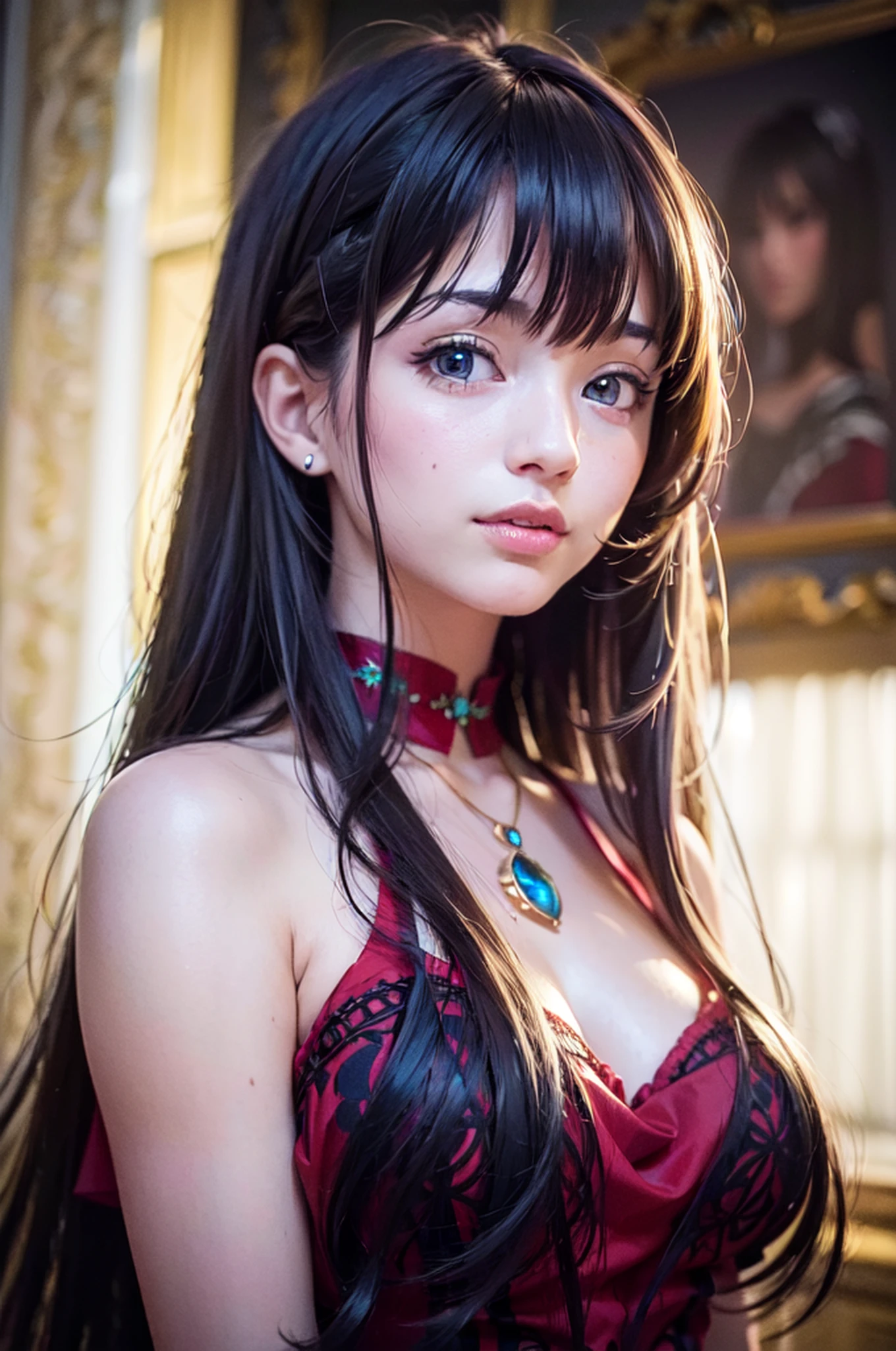 (best quality,8k,highres,masterpiece:1.2),ultra-detailed,(realistic,photorealistic,photo-realistic:1.37),1girl,by Kaya Hara,shy smile,long hair,dark dress,upper body,red pendant,Kaya Hara style:2