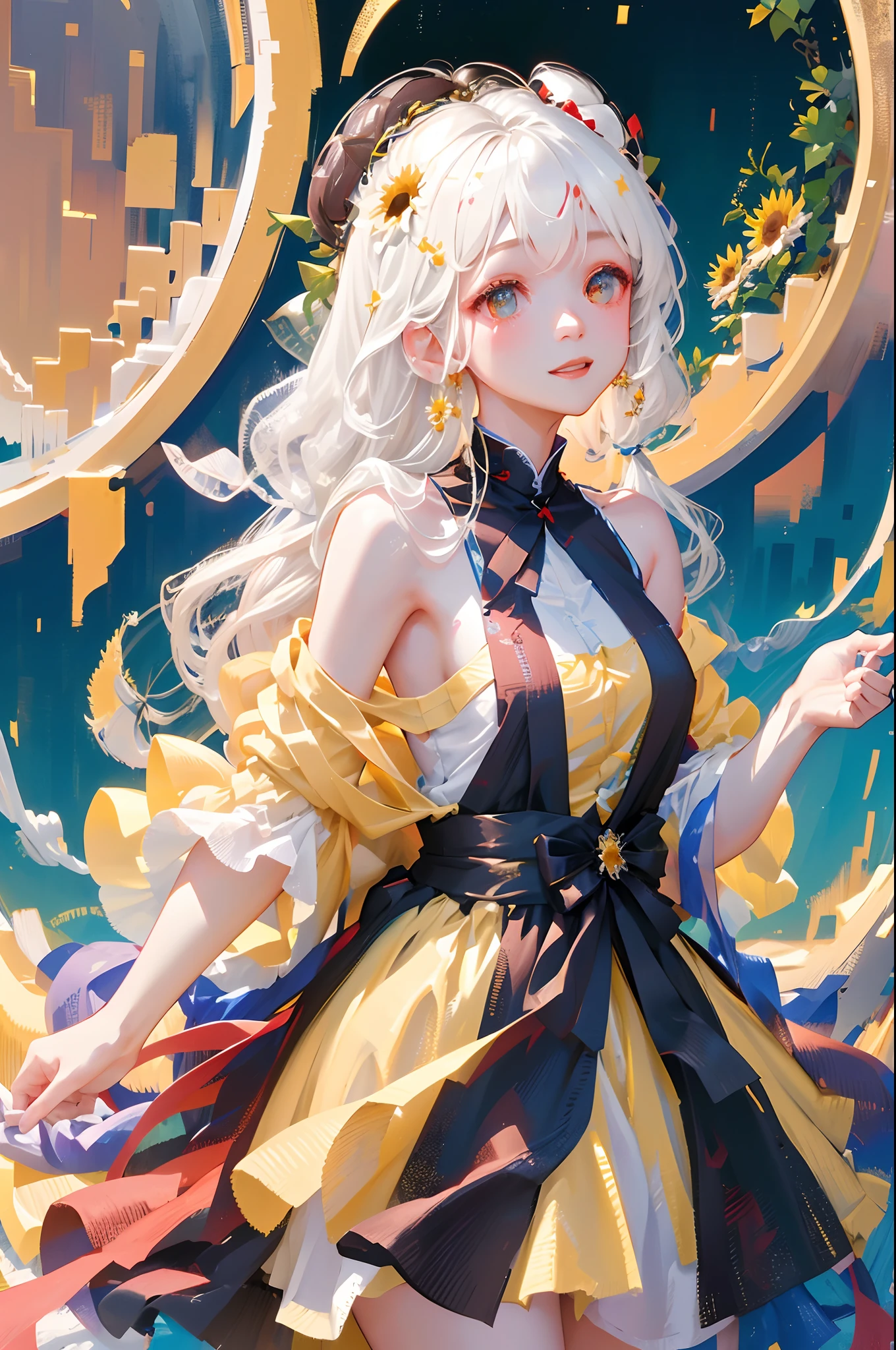 tmasterpiece， high high quality，  one-girl，White hair，Sunflowers are worn on the head， floating in sky，White slip dress，full bodyesbian， Cloud Girl， Clouds， brightly， cheerfulness， intriguing， gentlesoftlighting， （bauhause， Shape， lineworks， abstracted： 1.1）， panda ears，