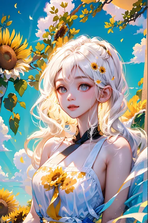 tmasterpiece， （oil painting texture），one-girl，white hair，sunflowers are worn on the head， floating in sky，white slip dress， full...