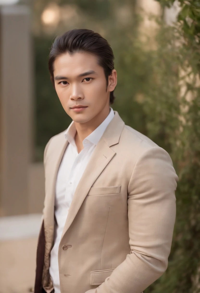 character standing with arm straight, dark hair (neck length hair tied in a ponytail), nice pose, handsome man, asian face, royal elegant pose, business man, (in a striped blazer), (The surrounding environment is a luxurious and classic living room) (sand tone image)