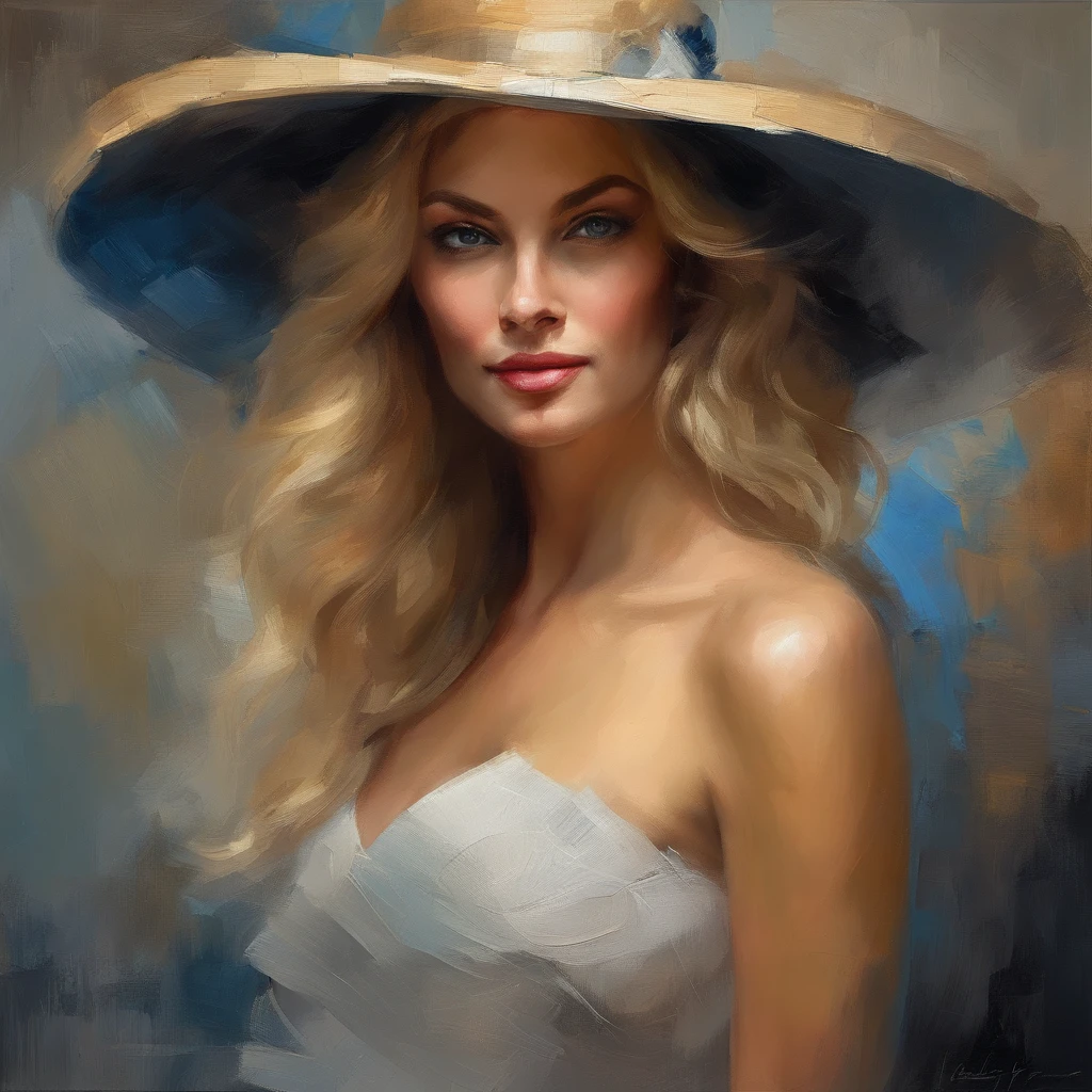 classic oil painting of a beautiful woman in a cocktail dress, long blond hair, blue eyes, eyes looking at us, hat top within our view, hat top within the frame, medium shot, elegant digital painting, beautiful oil portrait painting, wlop painting style, brush strokes in textured paint, gorgeous digital painting, in style of Junyi Liu, beautiful character painting, dark background, expert lighting, fine art portrait painting, epic background, beautiful art uhd 4 k