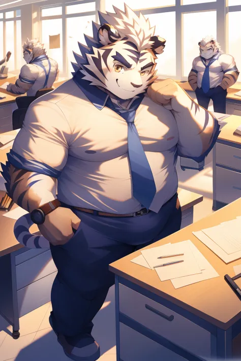 tmasterpiece，anthropomorphic tiger，male people，26 year old，Thick eyebrows，White hairs，Strong body，large pecs，Bare topless，Skinny suit pants，medium bulge，At the desk，In the office，perspired，ssmile，looking toward the viewer，Golden pupils，Strong，Solo，frontage...