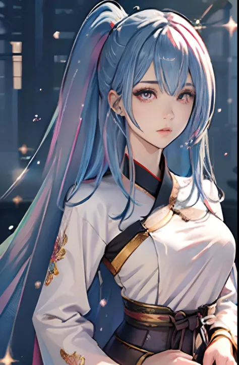 (Masterpiece), (Best Quality), (Super Detailed), (Dirty Hair), (Illustration), (1 Girl) (Long Pink Hair 1.5) (blind Eyes) (Ponytail 2.0), ,Hanfu, (Looking at the Audience, (Interview), (Simple Background), Beautiful and Delicate Eyes, Blindness,  detailed ...