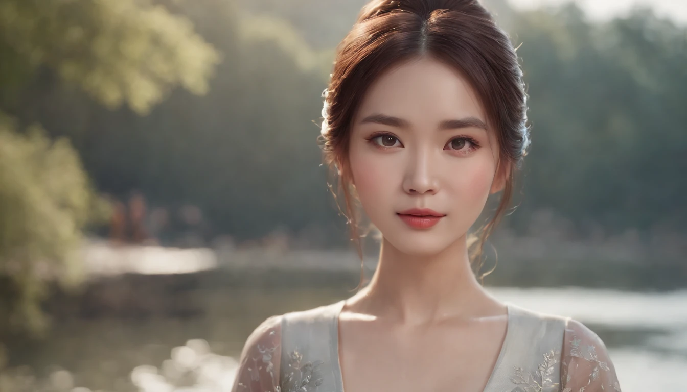 A classical Chinese woman in a dress stands in front of the river, Beautiful character painting,  Fair complexion, A woman around 19 years old, Slender and graceful, Beautiful, , super sharp focus, realistic lens,  Four colors (Scar:1.4),8 k resolution digital painting, 8k resolution digital painting, 8 k realistic digital art, Ross Tran 8 K, matte painting portrait shot, Rendu portrait 8k, Beautiful digital artwork, Digital painting for film, 8K Artgerm bokeh, Amazing 8K character concept art，Reallightandshadow，super-fine，4K，Naturally moving，Realistic，超高分辨率