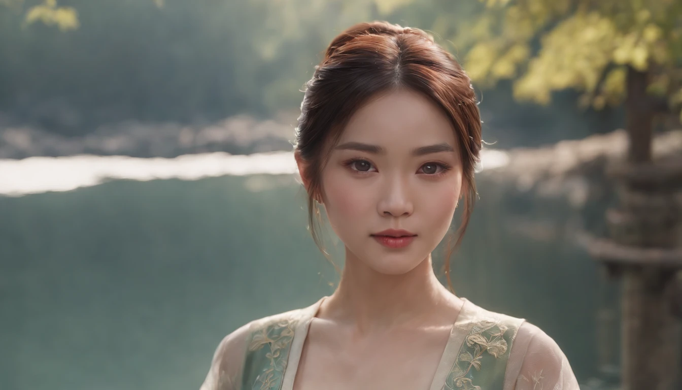 A classical Chinese woman in a dress stands in front of the river, Beautiful character painting,  Fair complexion, A woman around 19 years old, Slender and graceful, Beautiful, , super sharp focus, realistic lens,  Four colors (Scar:1.4),8 k resolution digital painting, 8k resolution digital painting, 8 k realistic digital art, Ross Tran 8 K, matte painting portrait shot, Rendu portrait 8k, Beautiful digital artwork, Digital painting for film, 8K Artgerm bokeh, Amazing 8K character concept art，Reallightandshadow，super-fine，4K，Naturally moving，Realistic，超高分辨率