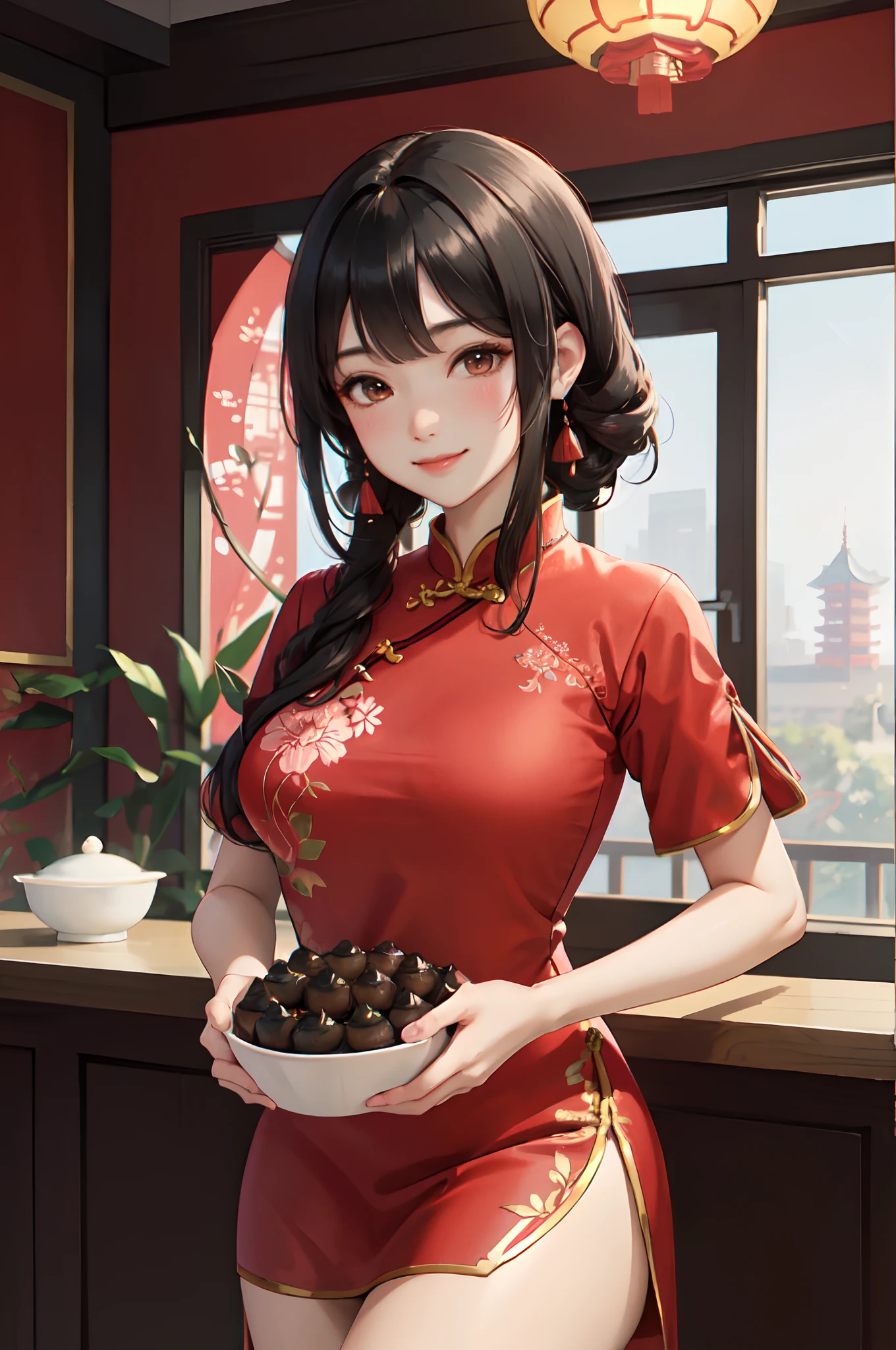 1lady solo, /(red cheongsam with floral embroidery/), mature female, /(black hair/) bangs, blush kind smile, (masterpiece best quality:1.2) delicate illustration ultra-detailed, large breasts BREAK /(chinese restaurant indoors/) /(basket dim sum/)