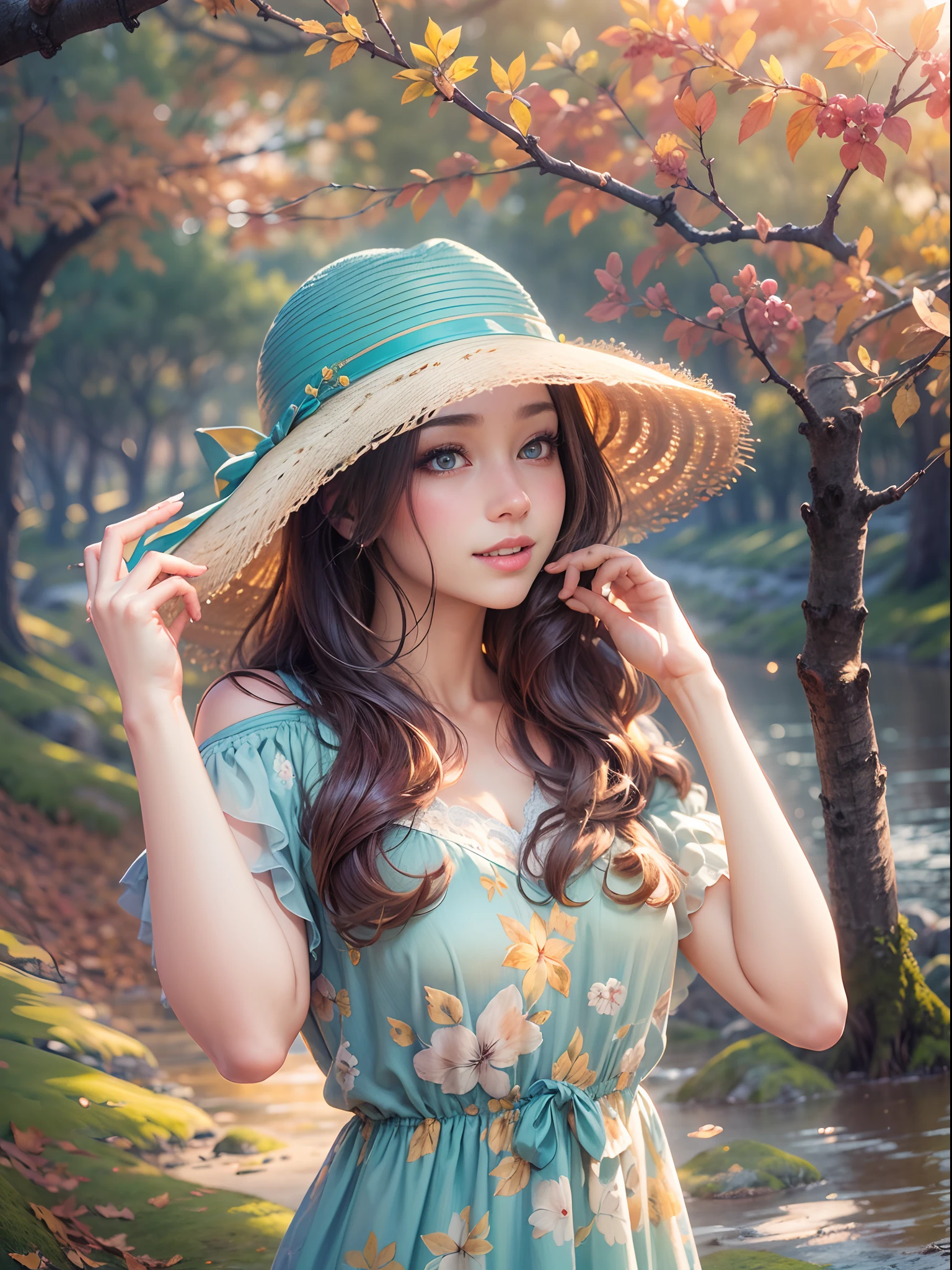 ((tmasterpiece:1.4, best qualtiy))+, (ultra - detailed)+,(watercolor paiting:1.2),Cute 1girl，Straw hat，blossoms，Light cyan hair，Very long hair，Aqua blue eyes，flatchest，Keep your mouth shut，Smiling,(a blue dress:1.3),Shoulders exposed，Bow knot，Side angle,Autumn landscape，The leaves are yellow，maple trees，eventide，riverbank，lake reflection，The sky is full of color，Orange-red sunset，The afterglow diverges，Big Mountain，Far Mountain，contours，Scenic beauty， (Warm light source:1.2), (the woods，Bare branches:1.2)（Very detailed CG unification，8k wallpaper），（The best picture quality），(illustratio：1.0）、intricately details, Epic composition、Realistic lighting、high definition detail、((tmasterpiece))、(Beautiful wildlife and natural wonders，With glowing lights)