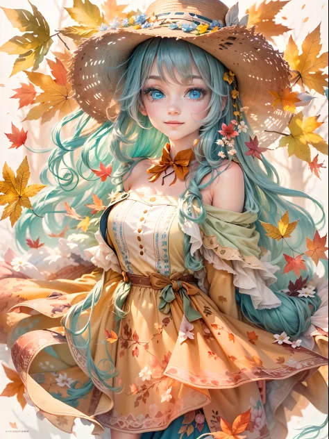 ((tmasterpiece:1.4, best qualtiy))+, (ultra - detailed)+,(watercolor paiting:1.2),Cute 1girl，Straw hat，blossoms，Light cyan hair，...