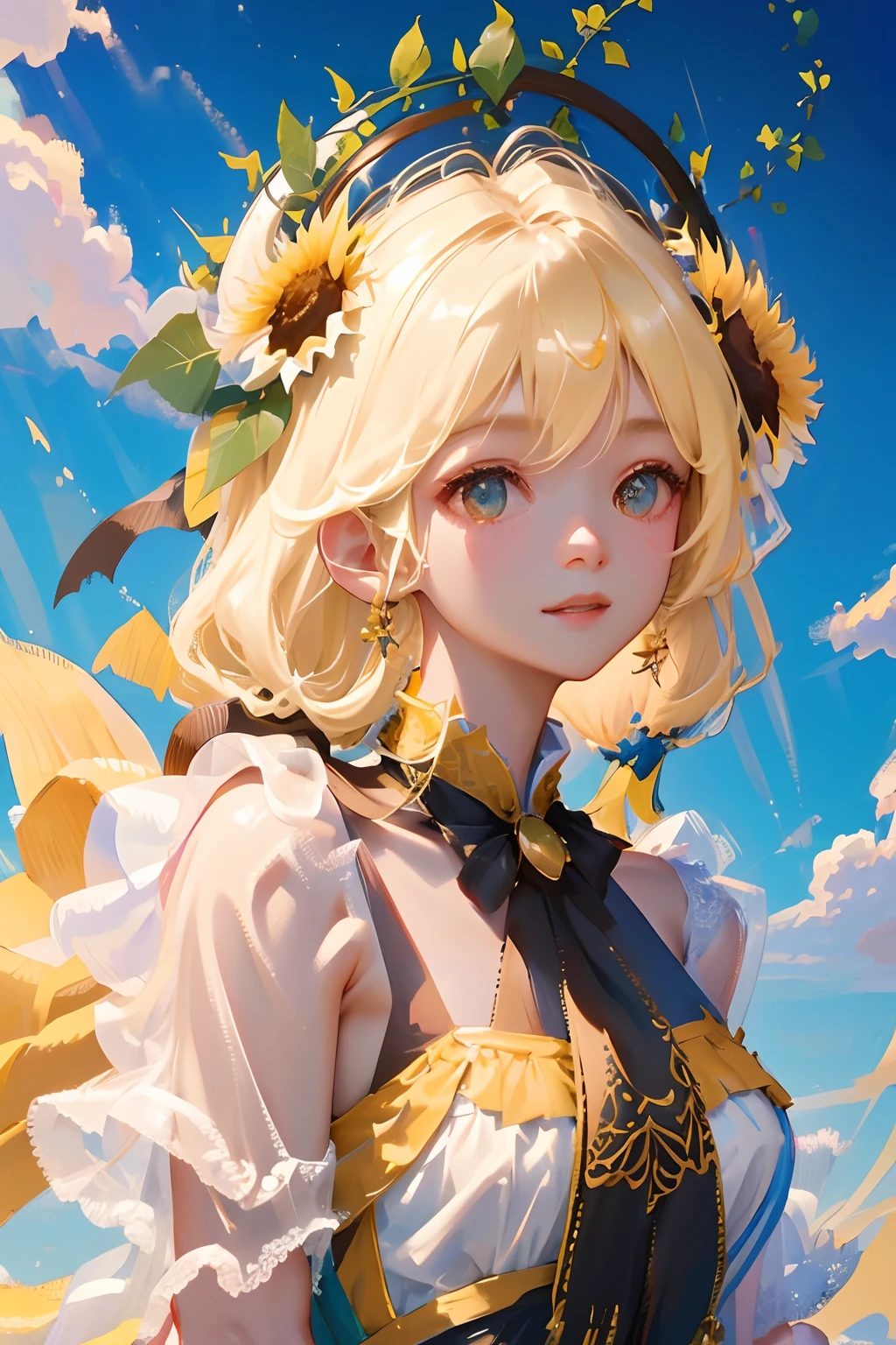 tmasterpiece， high high quality， cinematic Film still from，one-girl，Sunflowers are worn on the head，Cloud Girl， Clouds，（oil painted：1.3）， brightly， cheerfulness， intriguing， gentlesoftlighting，