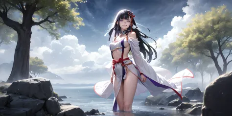 yamashiro768, (black hair, long hair, purple eyes:1.4), hair ornament, a woman that is standing in the water, inspired by Krenz Cushart, pixiv contest winner, fantasy art, dressed in a green robe, white loincloth, anime style. 8k, the goddess, realistic an...