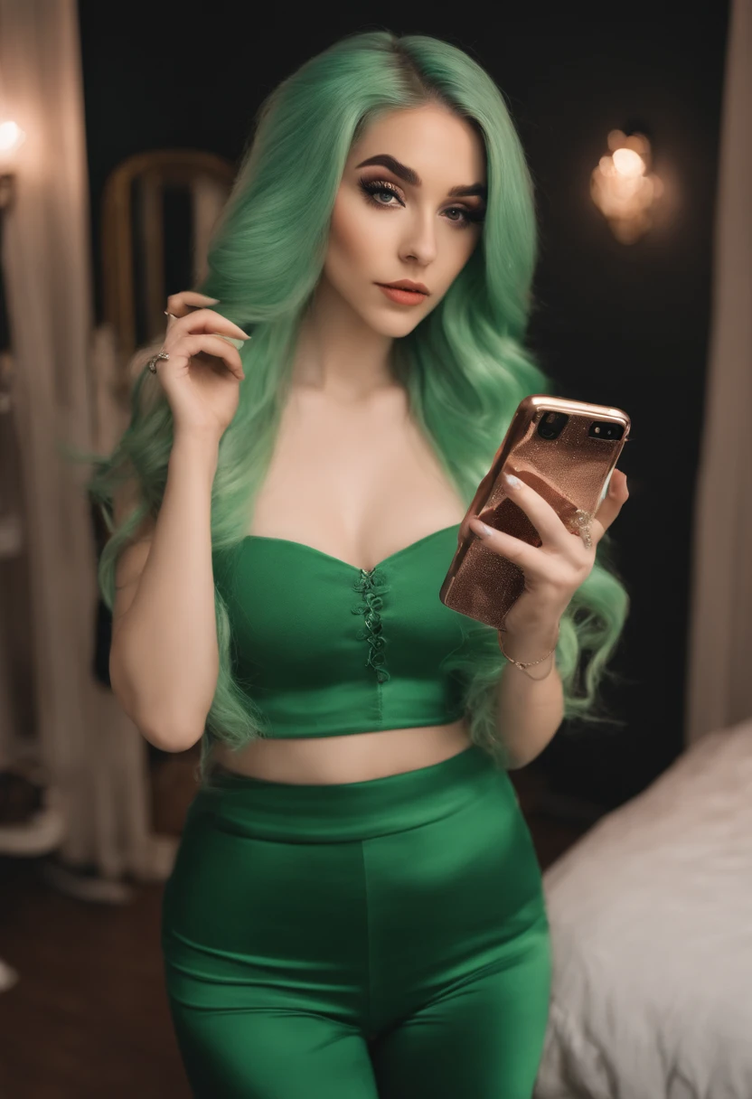 A close up of a woman with green hair holding a cell phone - SeaArt AI