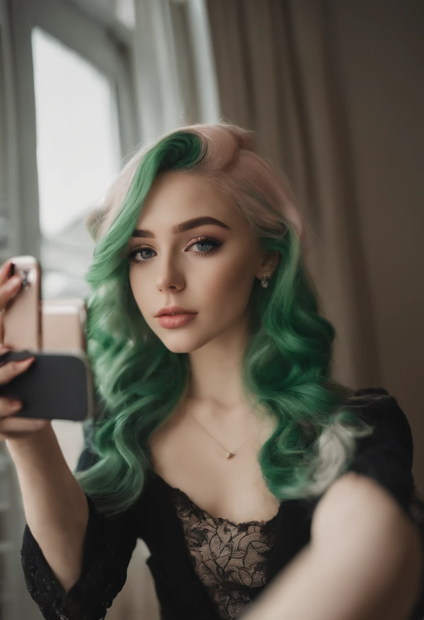 A woman with green hair taking a selfie in front of a window - SeaArt AI