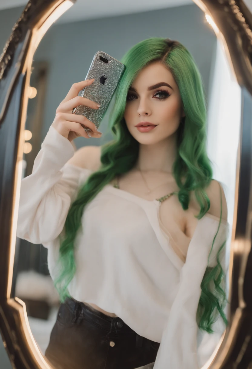 A woman with green hair taking a selfie in a mirror - SeaArt AI