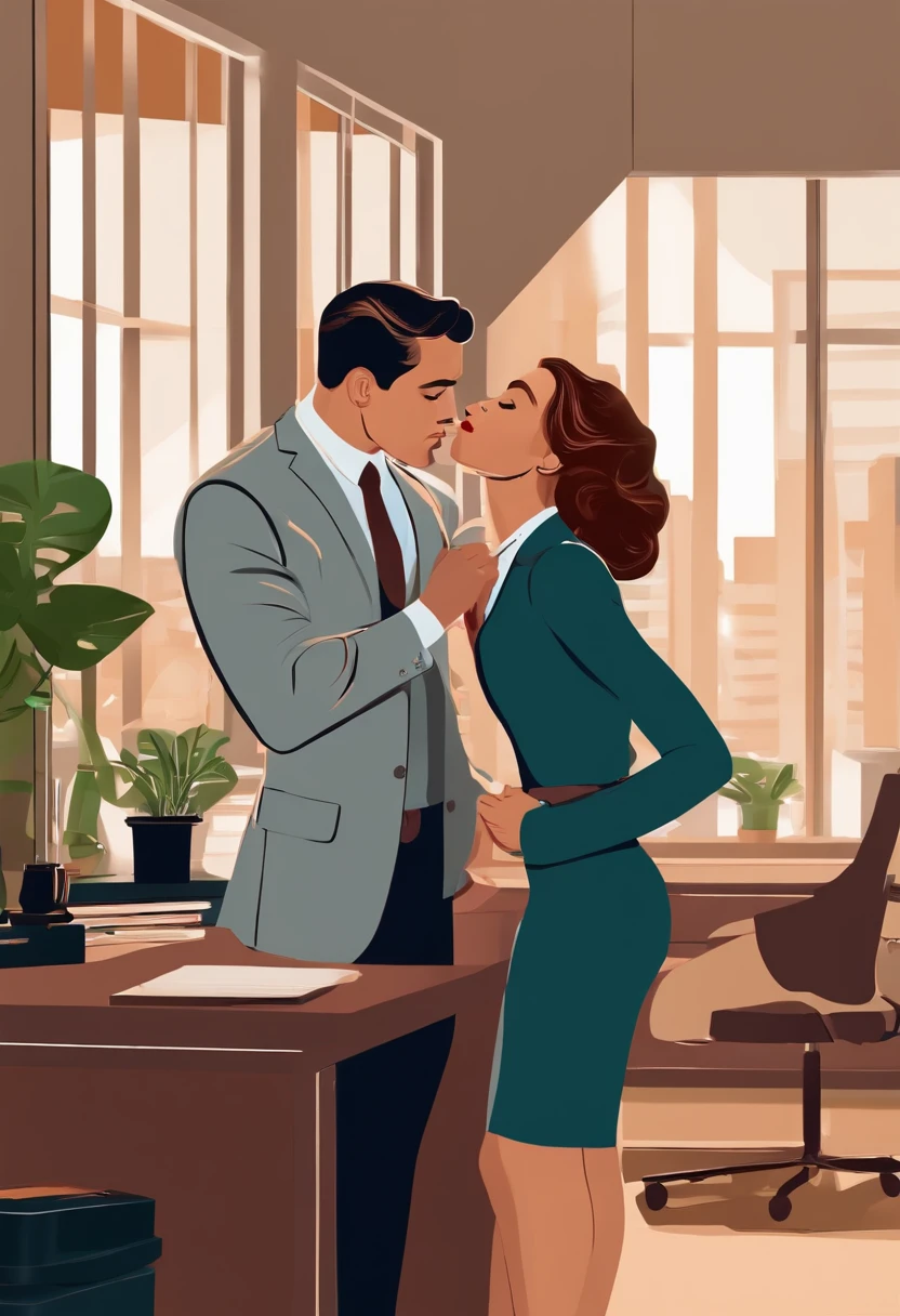 A cartoon of a man and woman kissing in an office - SeaArt AI