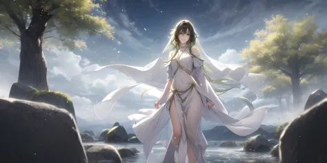 black hair, black eyes, a woman that is standing in the water, inspired by Krenz Cushart, pixiv contest winner, fantasy art, dressed in a green robe, white loincloth, anime style. 8k, the goddess, realistic anime artstyle, trending anime art, the empress, ...