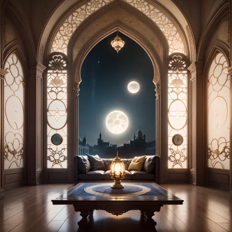 Inside view of a beautiful interior desiged mosque window sun's rays falls( morden furnished with new couch)
Also a 3d glowing half curve moon in the centre of room 
At the one side of a ancient Persian table and an Aladdin magic lamp on it --auto --s2