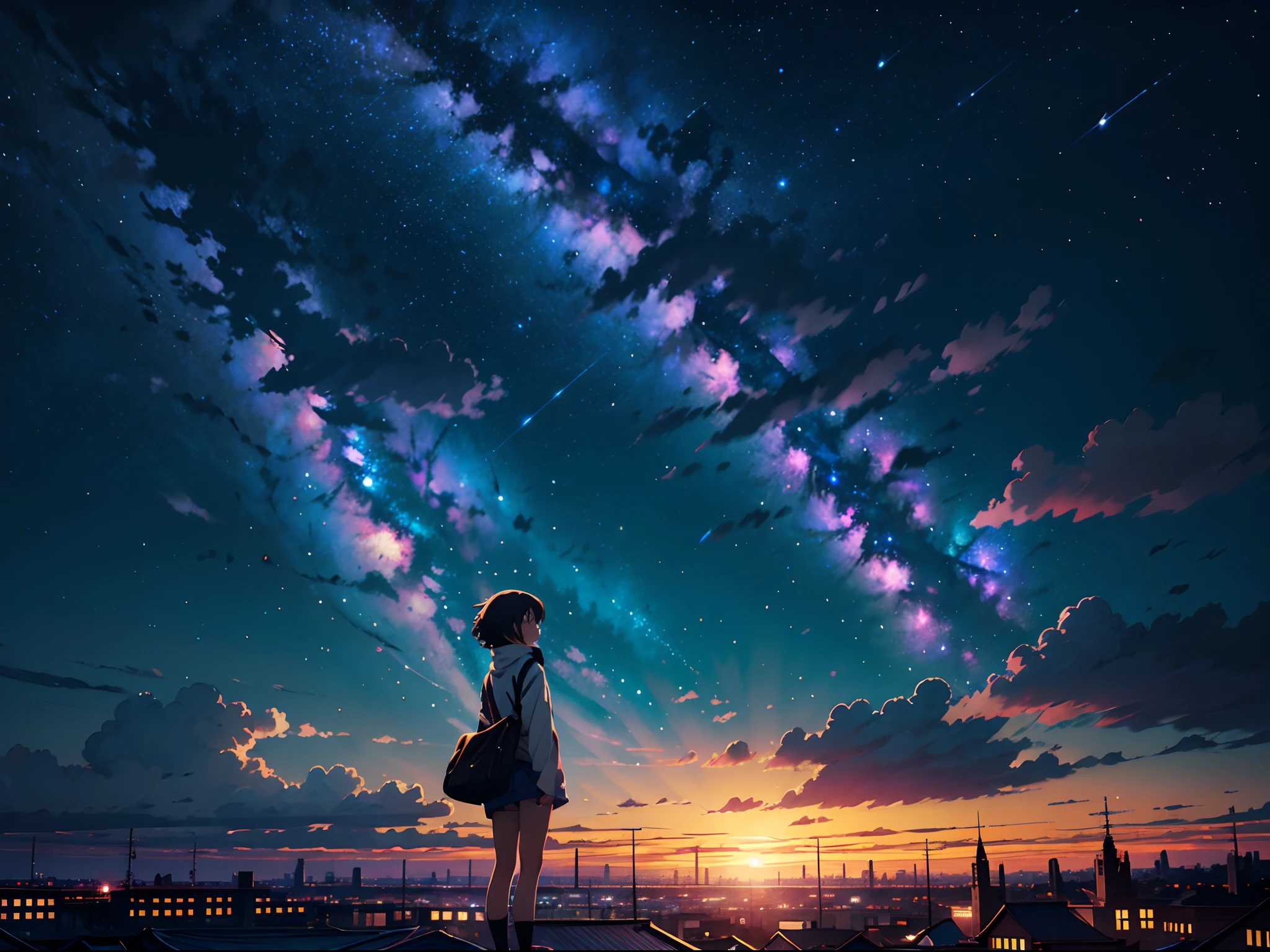 Anime girl standing on rooftop looking at night sky with stars and rainbow, Rainbow Starry Night, anime wallpaper 4k, anime wallpaper 4 k, 4k anime wallpaper, Anime art wallpaper 8k, anime art wallpaper 4k, anime art wallpaper 4k, anime style 4 k, makoto shinkai cyril rolando, 4 k manga wallpaper, anime wallpaper, amazing wallpapers, shooting stars