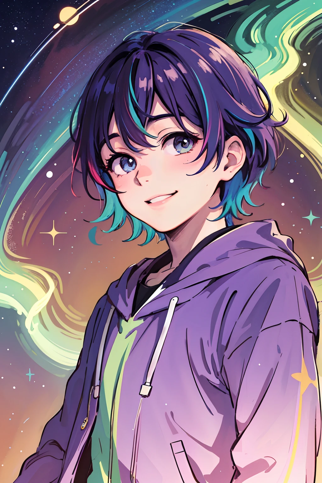 (highres, best quality:1.2), radiance, soft contours, beautiful drawing, upper body, concept art, eyelashes, kyoani hyouka style, detailed background, bright colors,
 1boy, male, Rainbow hair, rainbow eyes, stars, smile, happy, northern lights,