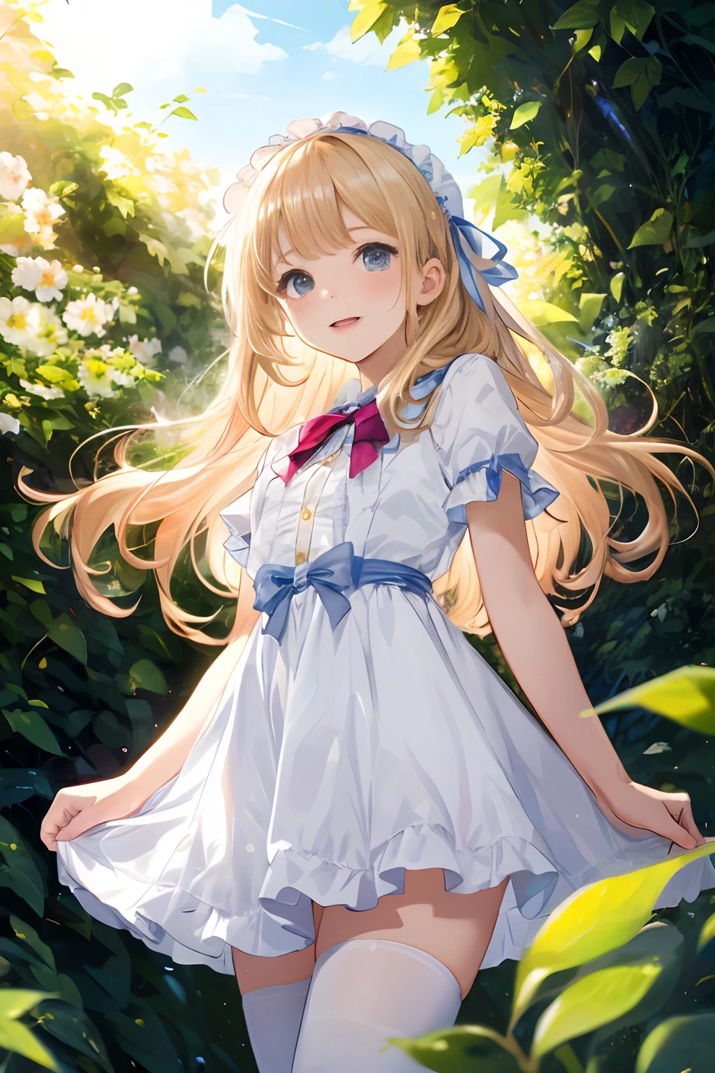 Anime girl in a white dress standing in a garden - SeaArt AI