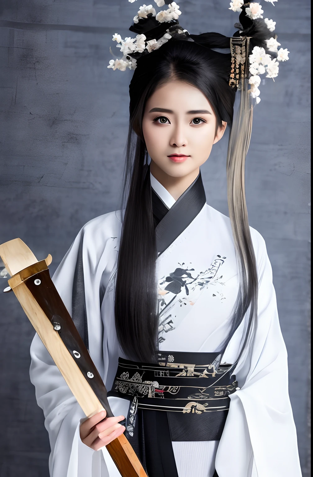 A beautiful woman with an ancient black and white face, Hanfu, holding a sword, face motionless.