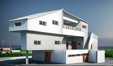 a rendering of a house with stairs and a staircase in the middle, 3/4 view, 3 / 4 view, low angle dimetric rendering, detailed rendering, concept drawing, architectural concept, 3/4 view realistic, perspective view, conceptual rendering, sketch - up, 2d si...