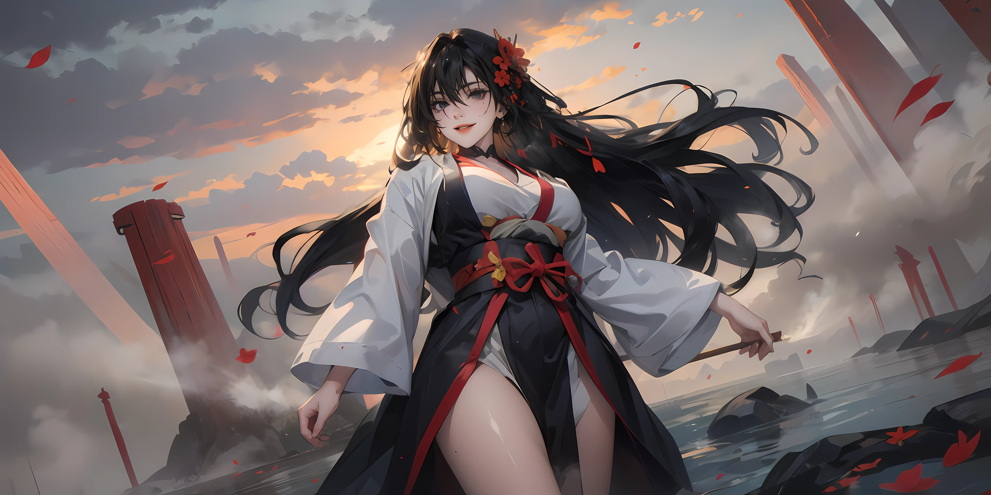 long_hair, hair_ornament, breasts, black_hair, solo, wide_sleeves, smile, bangs, japanese_clothes, looking_at_viewer, sky, cloud, petals, water, wading, very_long_hair, standing, mole, outdoors, wind, purple_eyes, long_sleeves, large_breasts, kimono, sash, cloudy_sky, blue_eyes, choker, obi, hair_flower, mole_under_eye, tassel, fog, steaming body