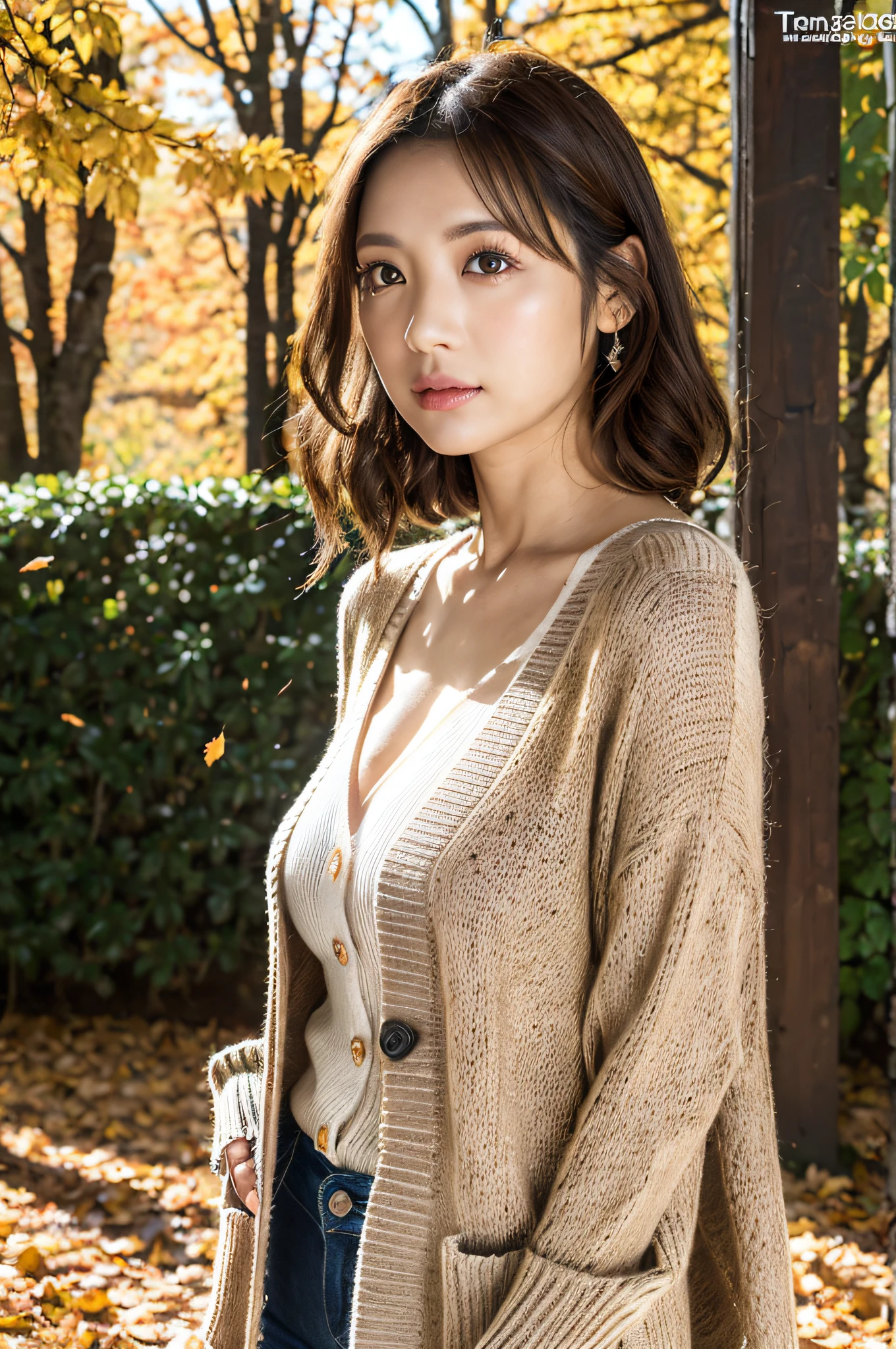 autumnal，Autumn leaf landscape、Falling leaves，lacepantyhose，((Cardigan long cardigan，Front closure、bound legs、Tight pants))、depth of fields，Real light，Ray traching，OC renderer，UE5 Renderer，Hyper-realistic，best qualtiy，8K，Works of masters，super-fine，Correct anatomy、Asian women, (8K、RAW photos、top-quality、tmasterpiece:1.2)、(hentail realism、Photorealsitic:1.37)、25 age old、1 girl、Light brown hair、Detailed face、Detailed lips、detailedeyes、(huge-breasted:1.5)、Arafad woman,