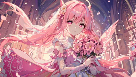 Bride with long pink hair holding a wedding bouquet in both hands，Fox ears and tail，Hold flowers in both hands，Garden background...