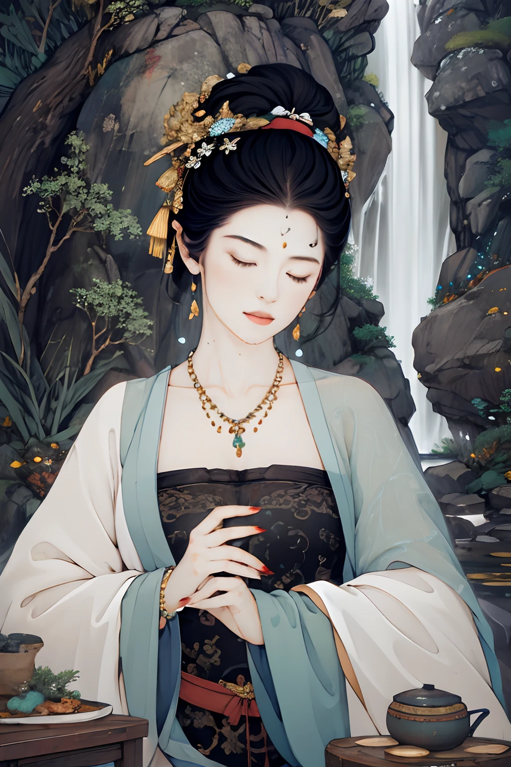 Masterpiece, 1girll, nail_Polish, jewelry, necklace, black_Hair, Closed_Eyes, Solo, dress,black_Hair, ancient art, Chinese, waterfallr