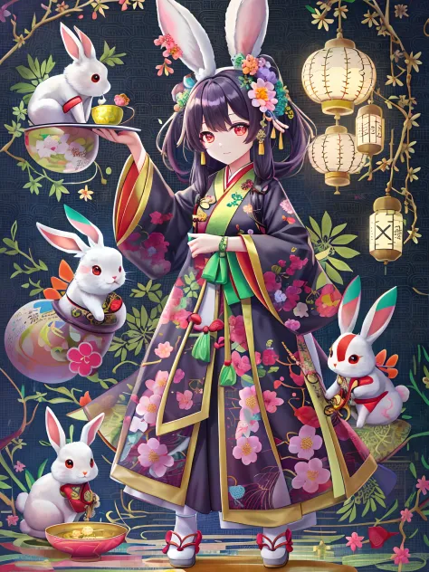 （personification：1.4），（full body shot of），（China - 1 cute rabbit，Hanfu，standing on two feet，moon full，Mid-Autumn Festival，sweet ...